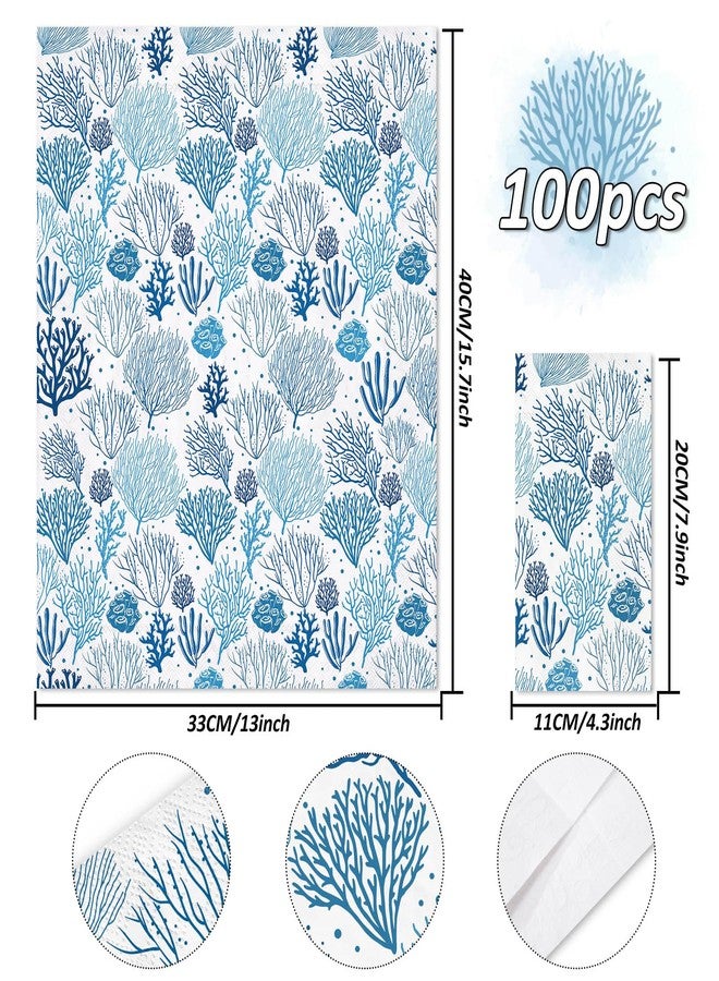 JarThenaAMCS مناديل ورقية للضيوف من جارثينا إيه إم سي إس، 100 قطعة، بتصميم الشعاب المرجانية، أبيض وأزرق، 3 طبقات، للاستخدام مرة واحدة، بنمط شاطئي، مثالية لحفلات العشاء وتزيين الطاولات. - Image 2